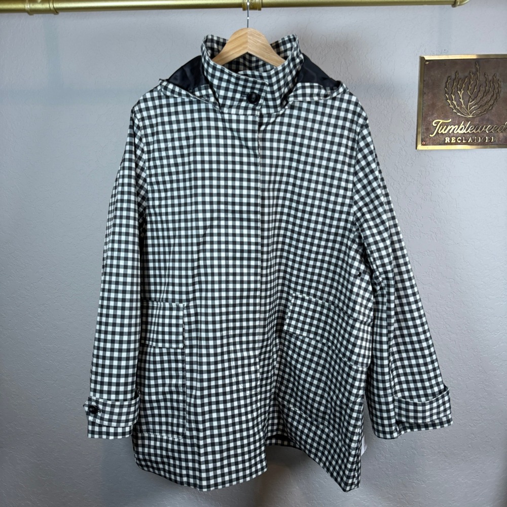BERNARDO Women Black White Gingham Check Hooded Rain Jacket XL